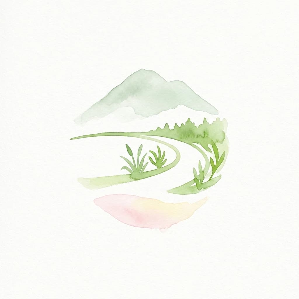 Ilustración en acuarela de una montaña, un sendero sinuoso y vegetación con una forma abstracta rosa