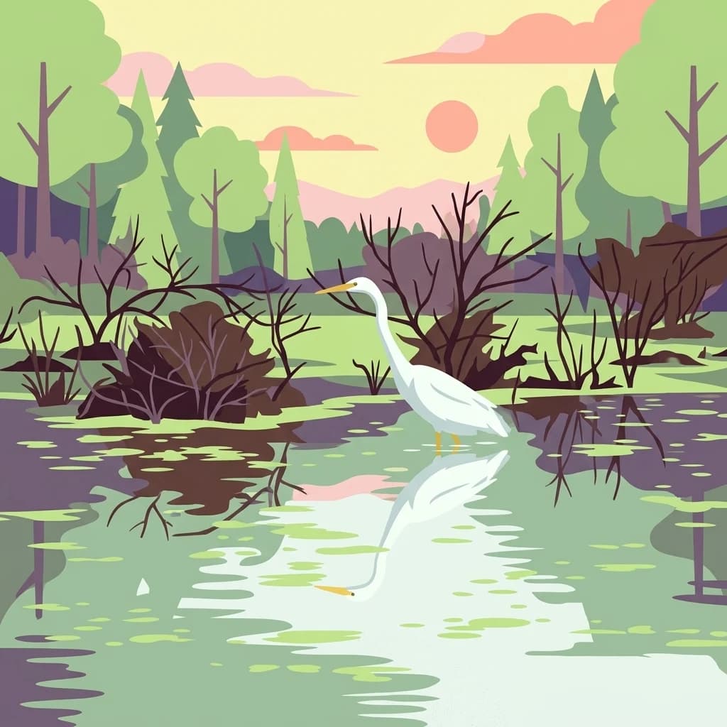 Stylized illustration of a white heron standing in shallow water among lily pads and trees.