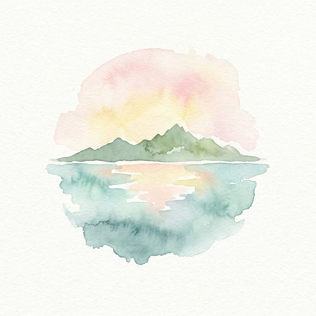 Watercolor painting showing a mountain range reflected in calm water under a pink and yellow sky