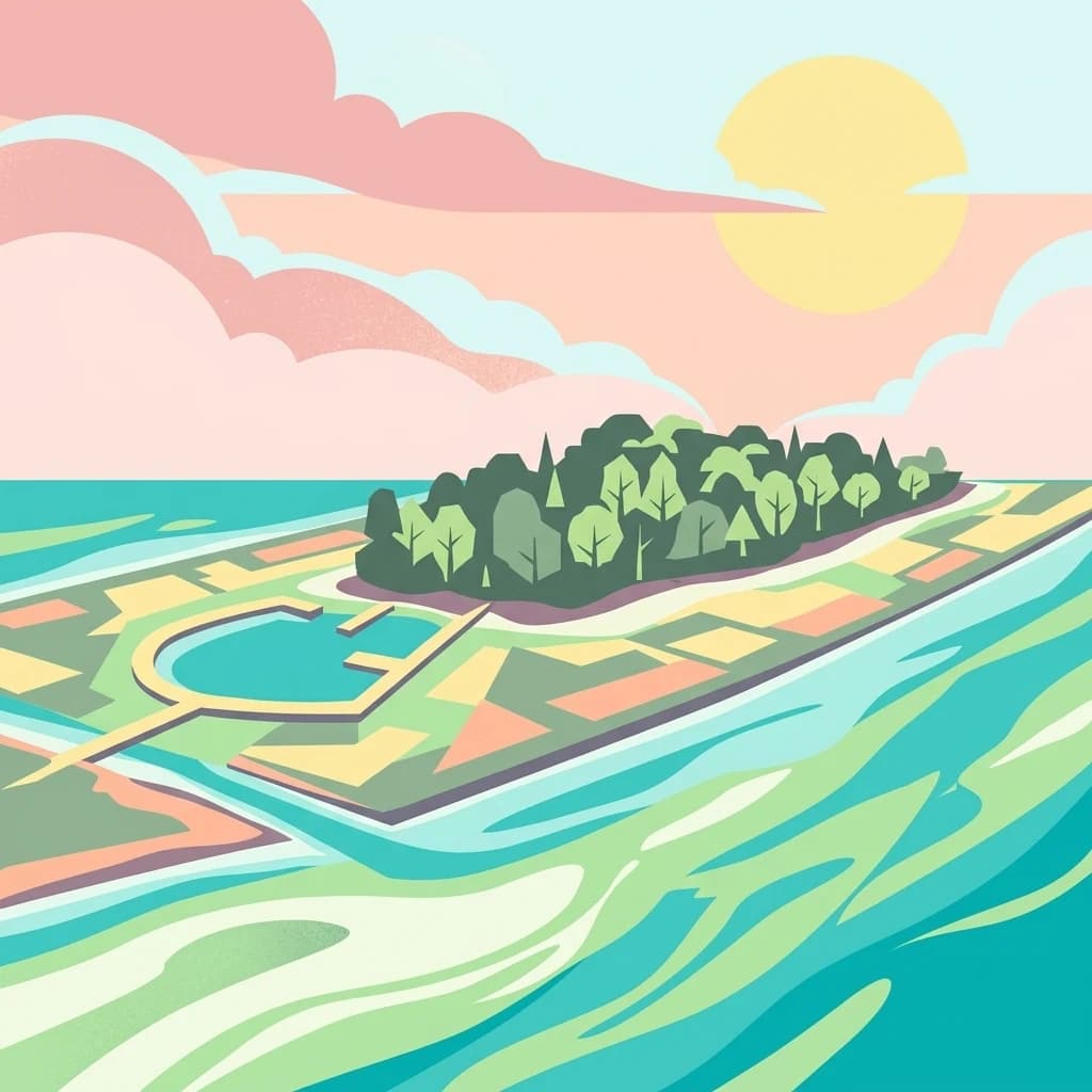Stylized illustration of an island with green trees and pathways surrounded by blue water with wave patterns under a sky with pink clouds and yellow sun