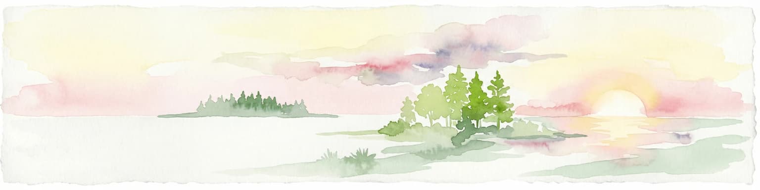 Watercolor illustration of islands with trees and a sunset over the water