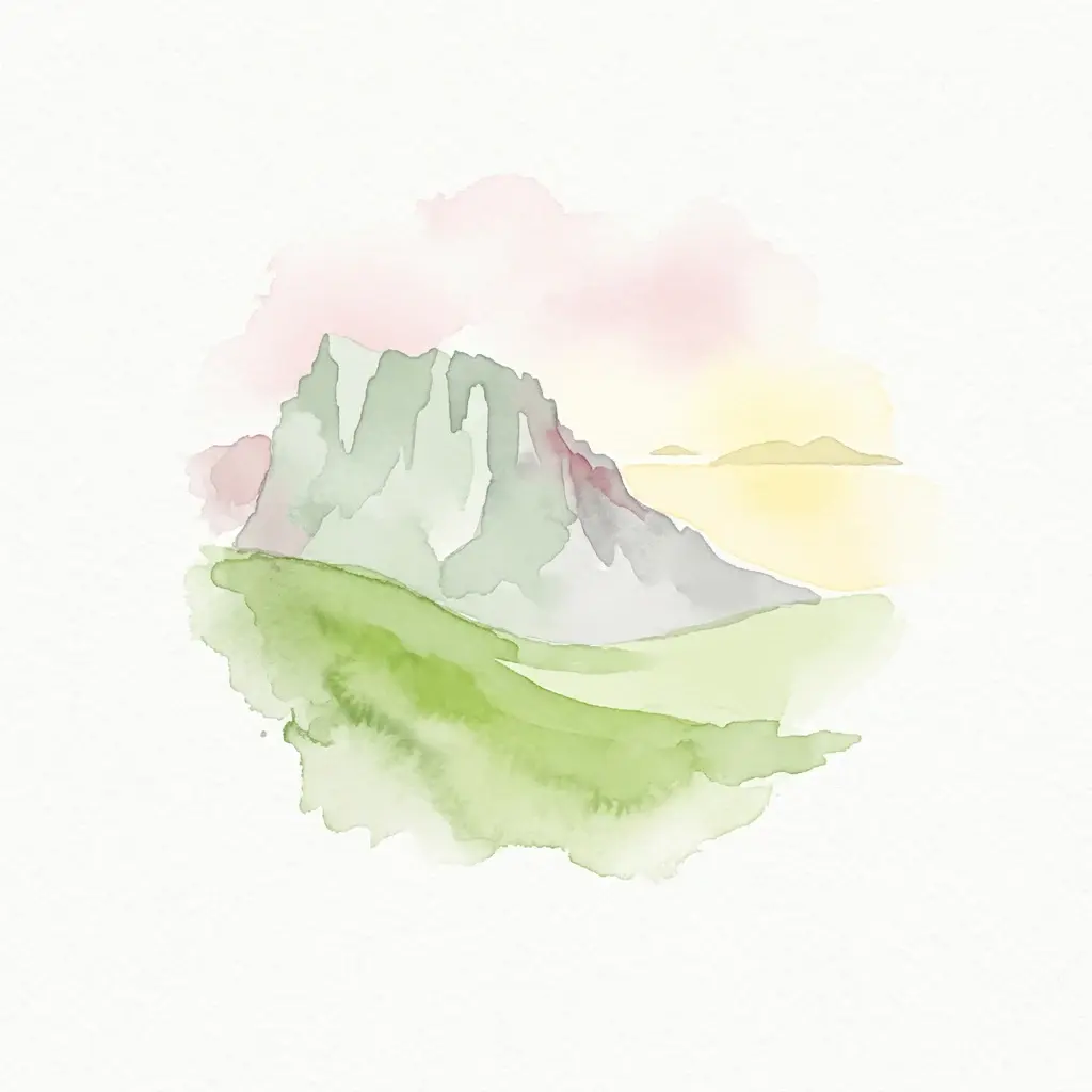 Watercolor illustration of a mountain with green slopes and pastel sky