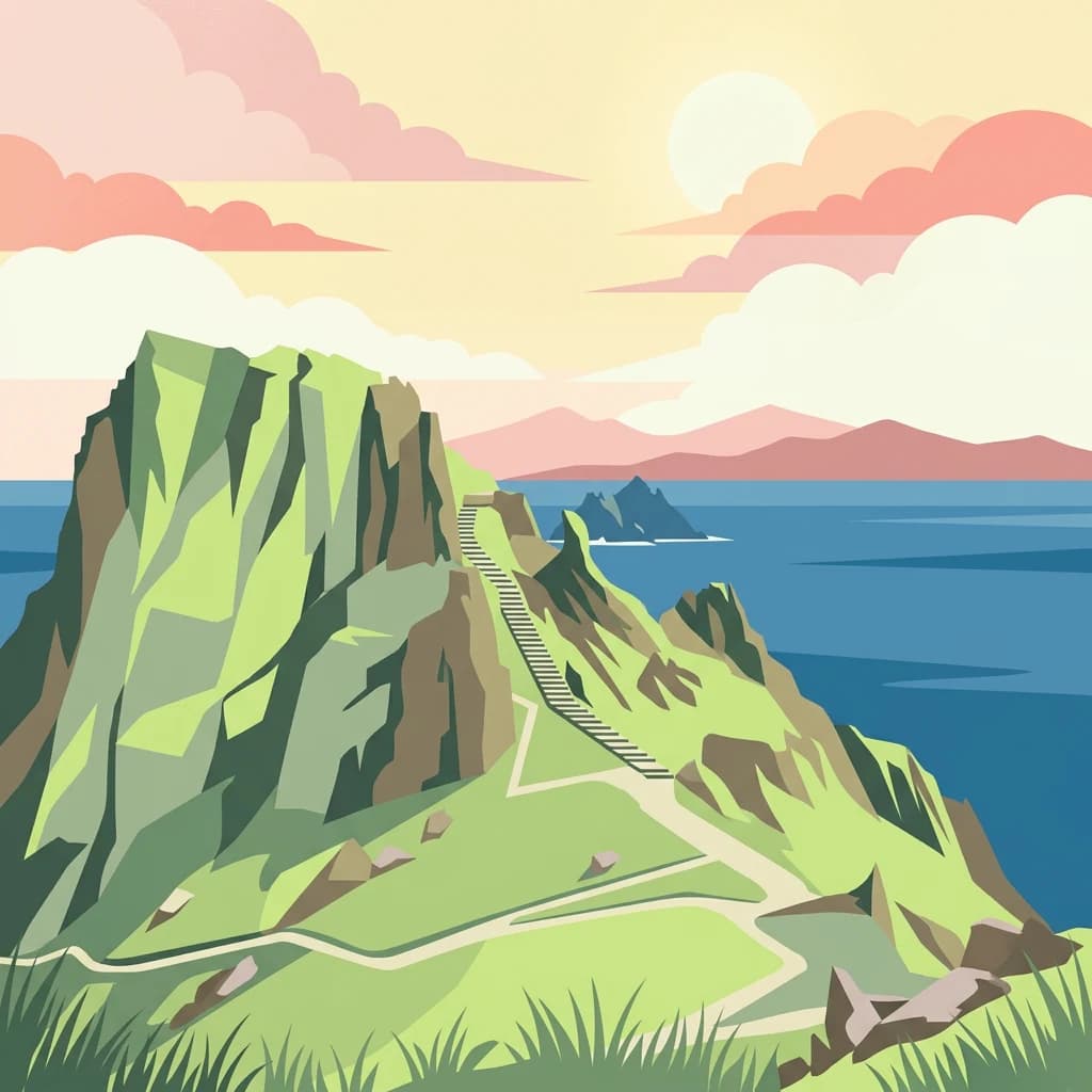 Stylized illustration of a green mountain with rocky slopes, a winding trail, blue ocean, and partly cloudy sky
