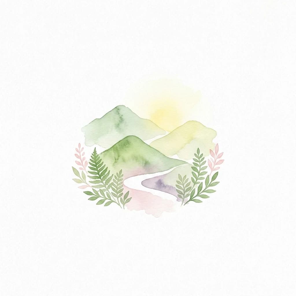 Watercolor artwork showing green mountains, a winding path, and foliage with a sun in the background