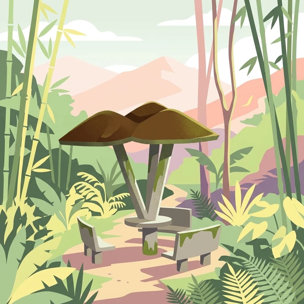 Mushroom-shaped shelter with benches in a forested area with bamboo and mountains