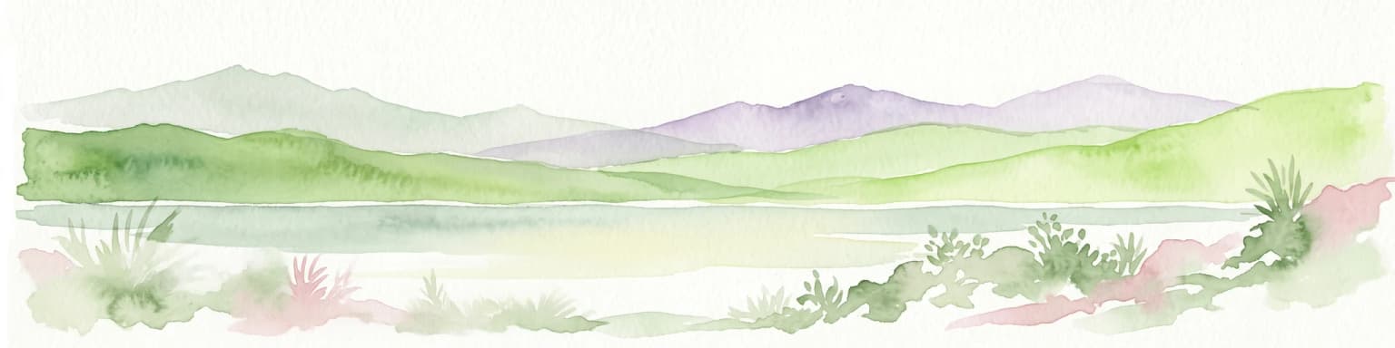 Watercolor painting showing green hills, purple mountains, and a calm water body with sparse vegetation