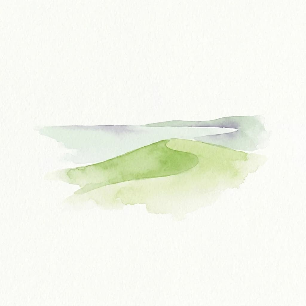 Watercolor illustration of green and blue abstract shapes suggesting hills and water