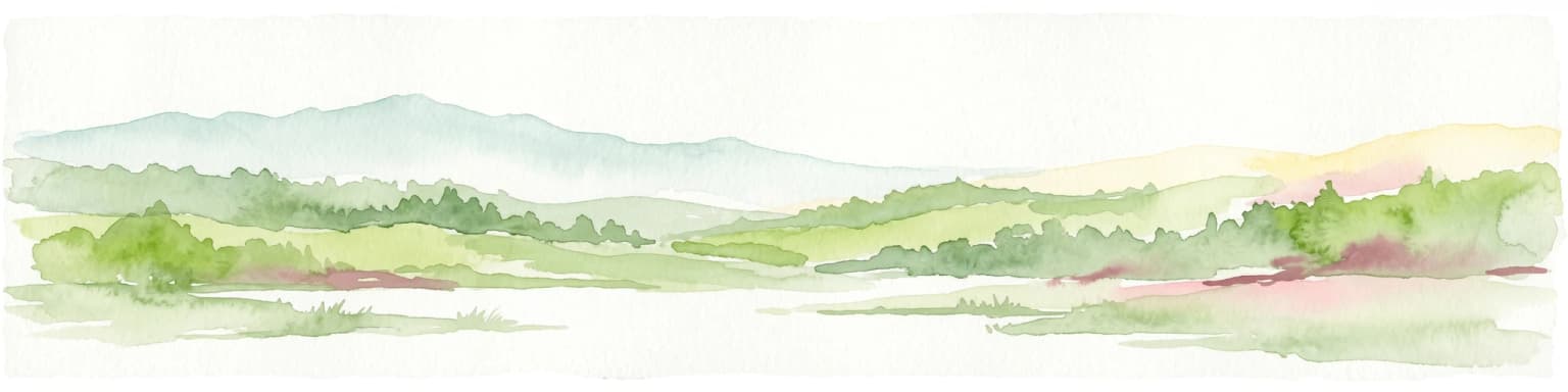 Watercolor painting depicting mountains, a body of water, and vegetation