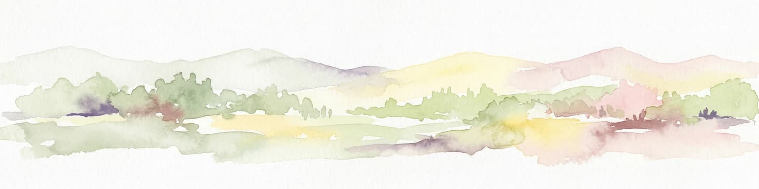 Watercolor painting of a mountainous landscape with green, purple, and yellow tones