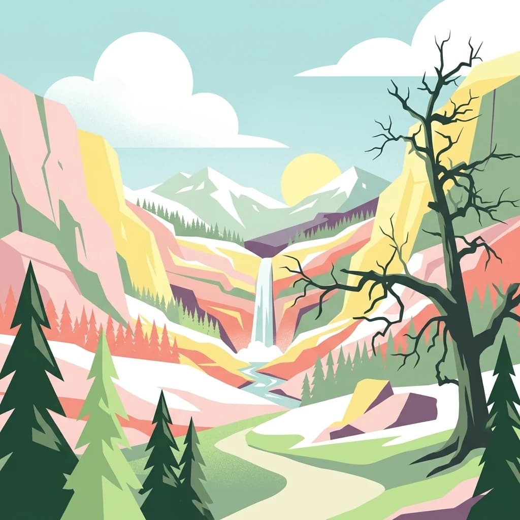 Illustration of a mountain landscape with a waterfall, pine trees, a winding path, and a bare tree under a sky with clouds and a sun