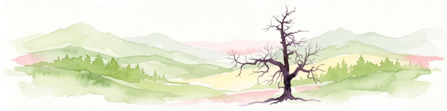 Watercolor illustration showing mountains, a tree, and a landscape with green and pink tones