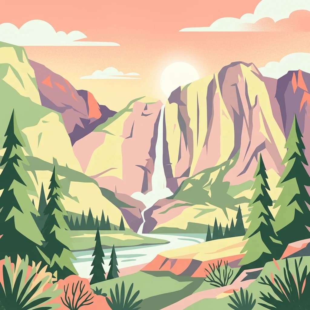 Illustration of a mountainous landscape featuring a waterfall, river, pine trees, and a sunset sky