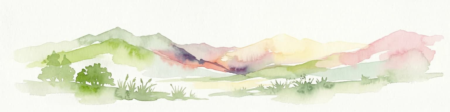 Watercolor illustration of a mountainous landscape with green hills, trees, and a river valley