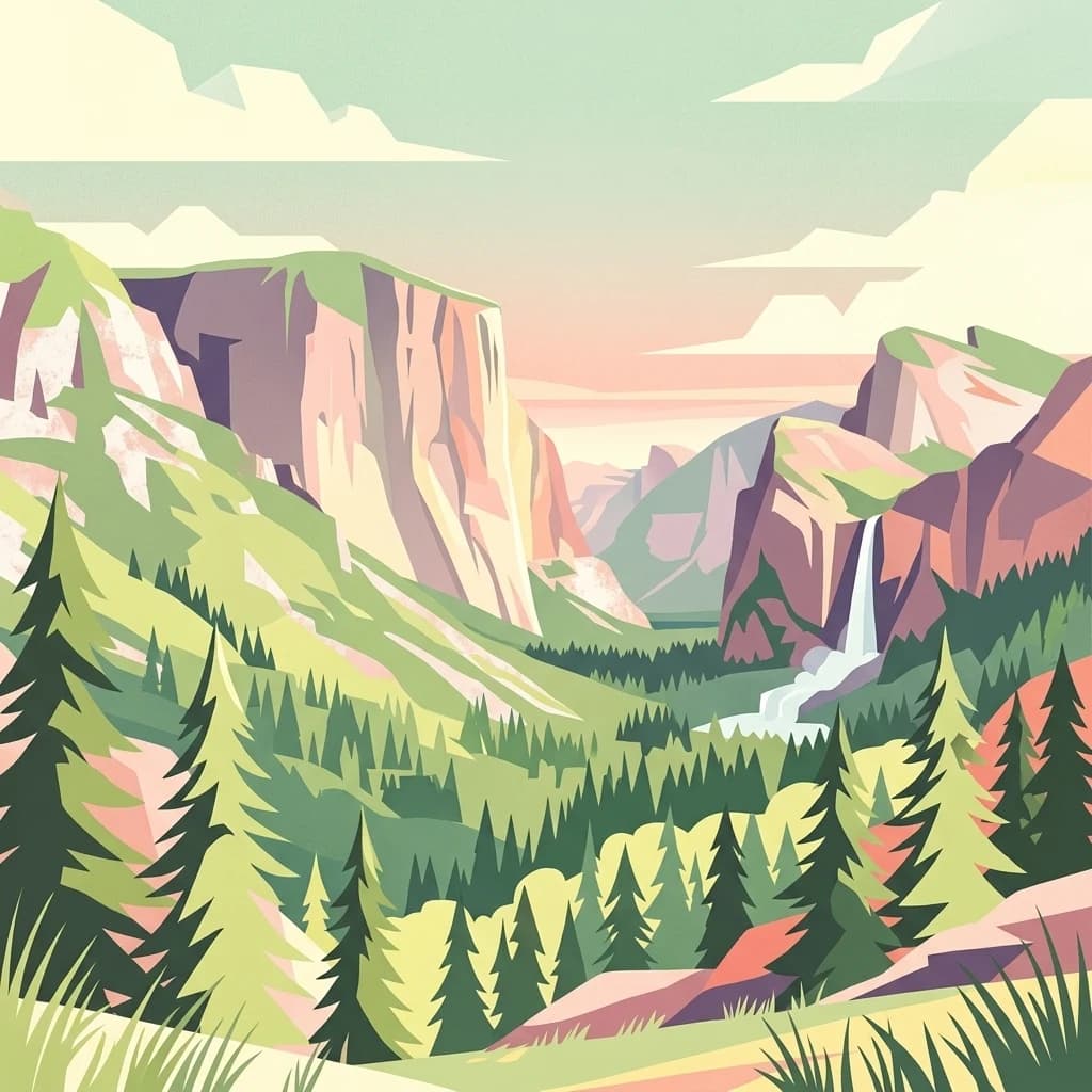 Stylized illustration of a mountainous landscape with a waterfall, pine forests, and rocky cliffs under a partly cloudy sky
