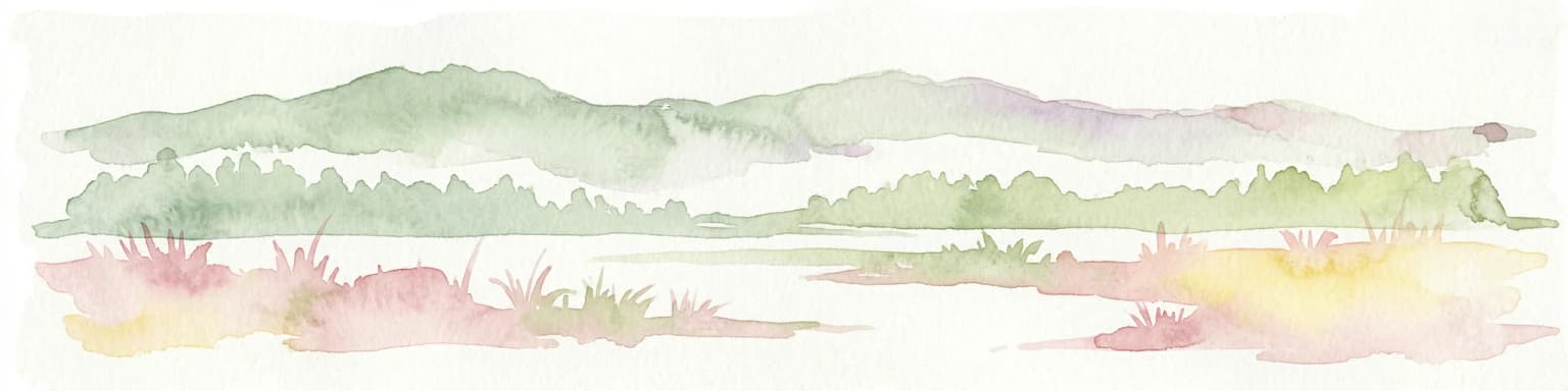 Watercolor illustration of green hills, a body of water, and pink and yellow vegetation