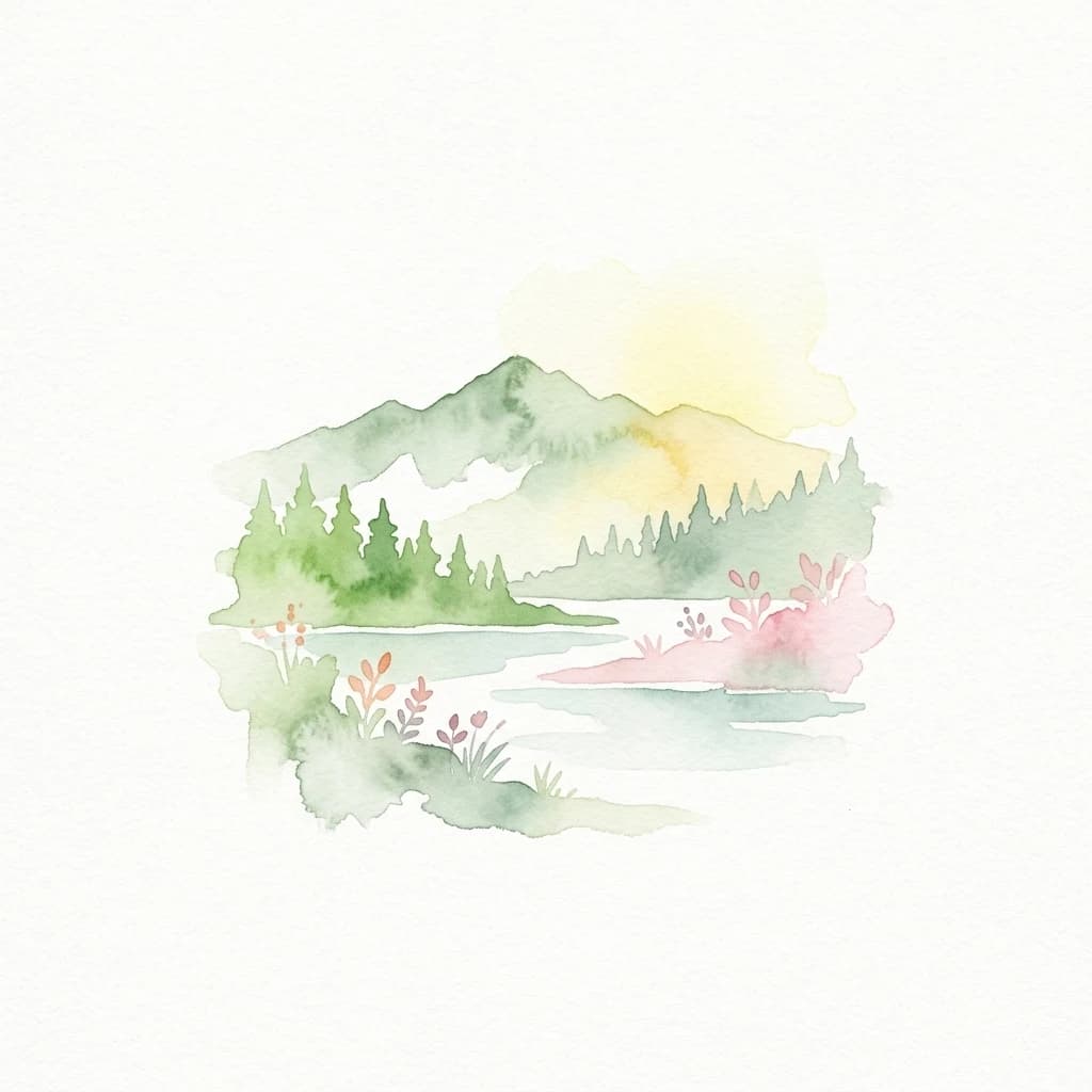 Watercolor painting showing mountains, lake, and trees with soft green, blue, and pink colors