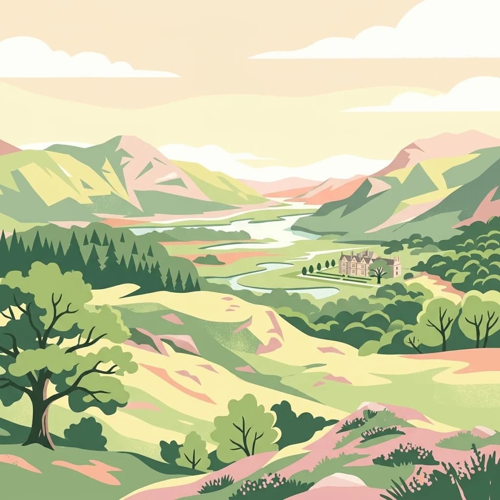 Illustrated landscape showing green hills, mountains, a river, and forested areas with a building in the valley