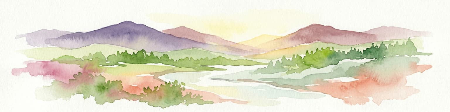Watercolor illustration of a mountainous landscape with green forests, a river, and rolling hills under a soft sky