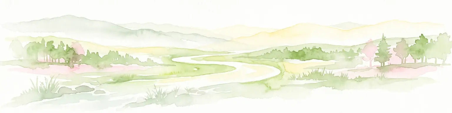 A soft, light-toned watercolor illustration of a winding creek flowing through a lush, green landscape with distant rolling hills and scattered trees.