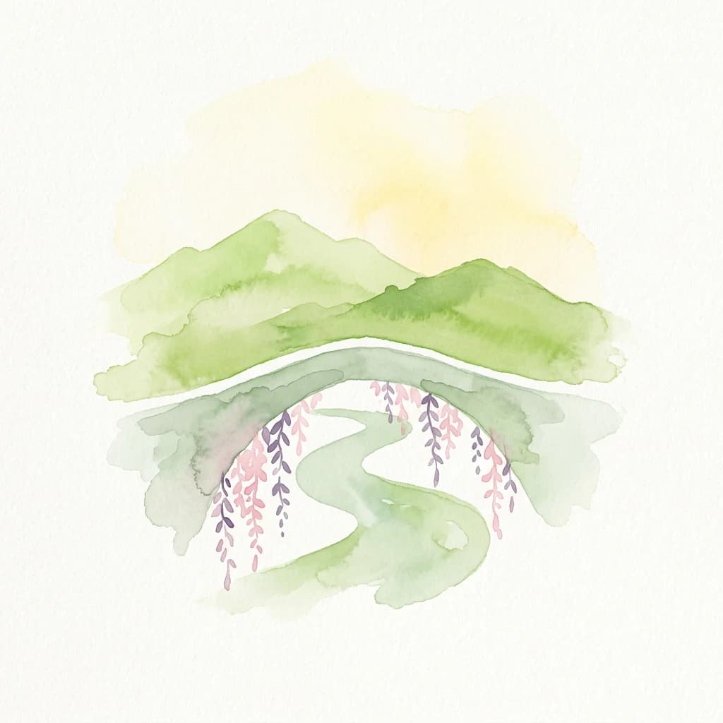 Watercolor painting of a river winding through green mountains with pink and purple flowers along the banks