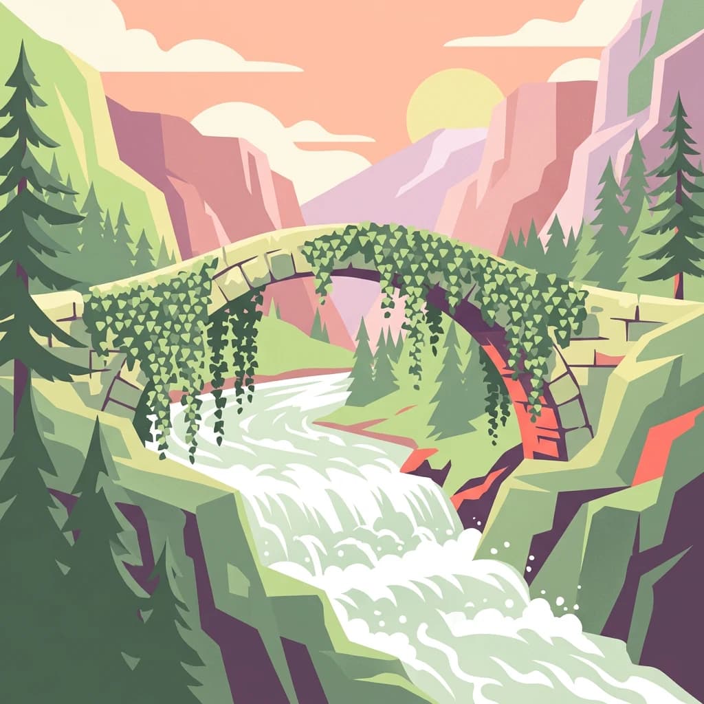 Illustration of a stone bridge covered in vines over a river with mountains and forests in the background