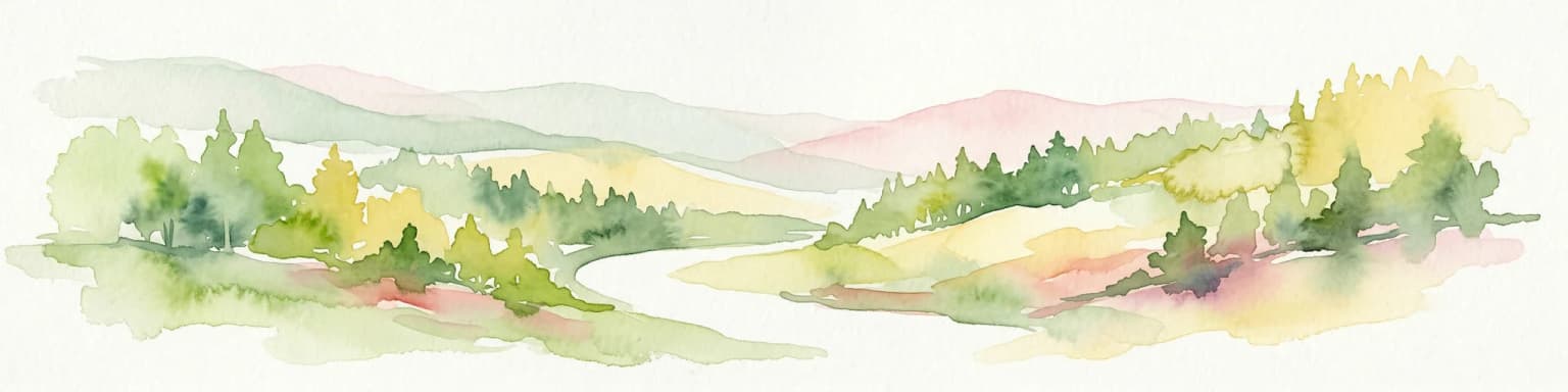 Watercolor illustration of a landscape with rolling hills, forests, and a winding river.
