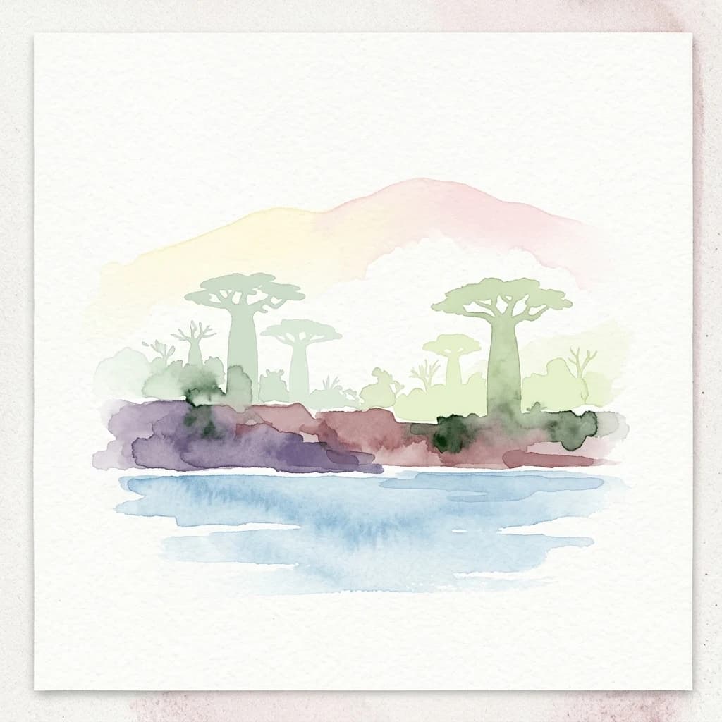 Watercolor illustration of a coastal scene with trees and water