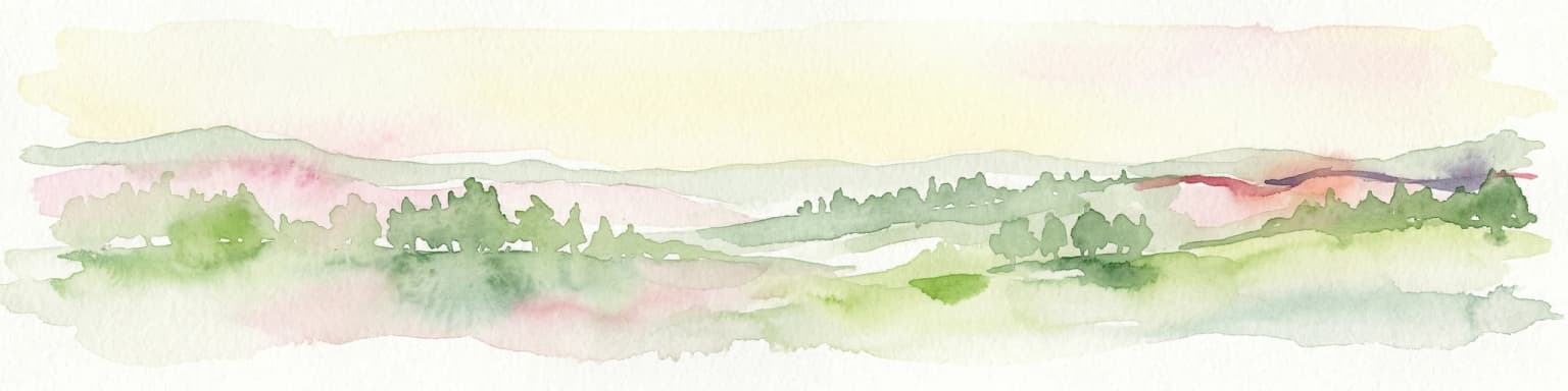 Watercolor illustration of a hilly landscape with green and pink hues, showing trees, distant hills, and a light sky