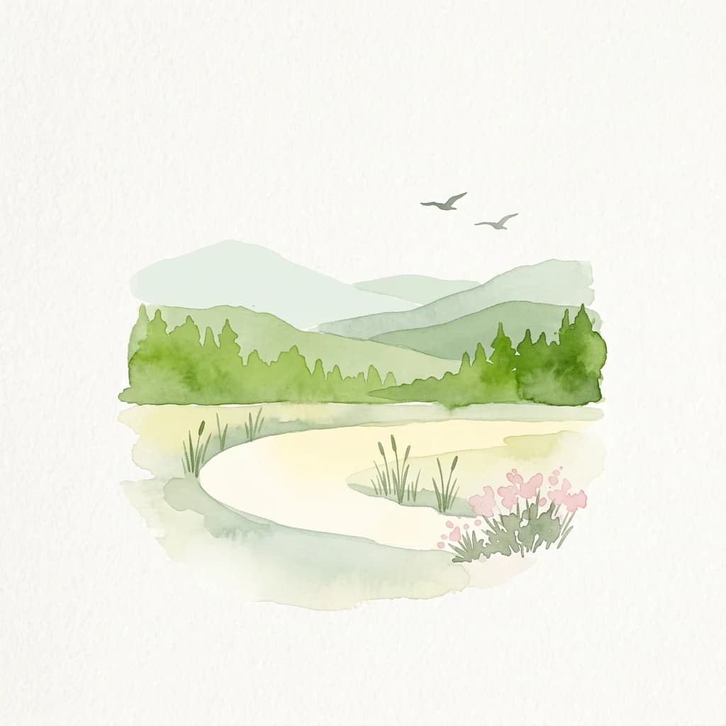 Watercolor illustration showing a winding path through meadows with hills and mountains in the background
