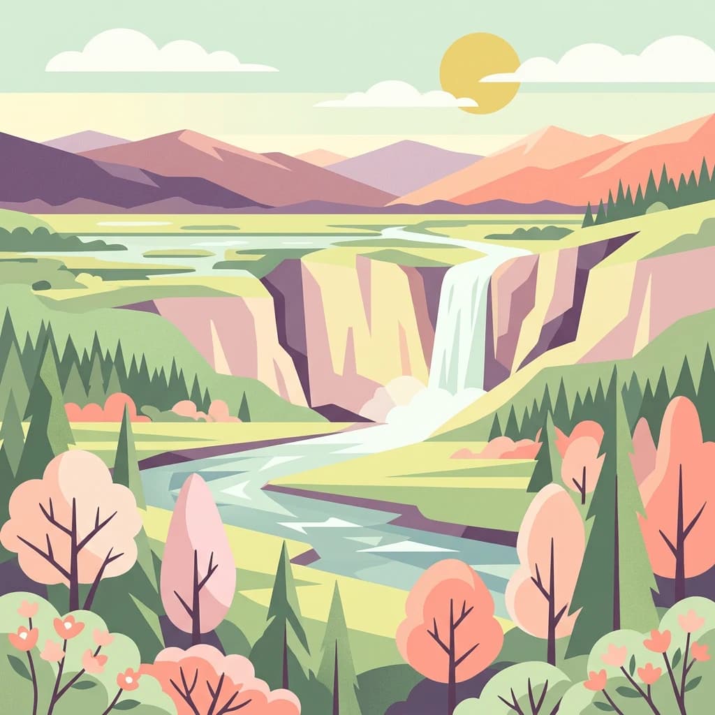 Stylized illustration of a waterfall in a mountainous landscape with a river flowing through a valley surrounded by forests of different tree types under a sky with a sun and clouds