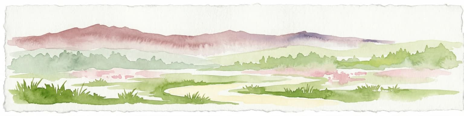 Watercolor painting of rolling hills, green fields, and a winding path