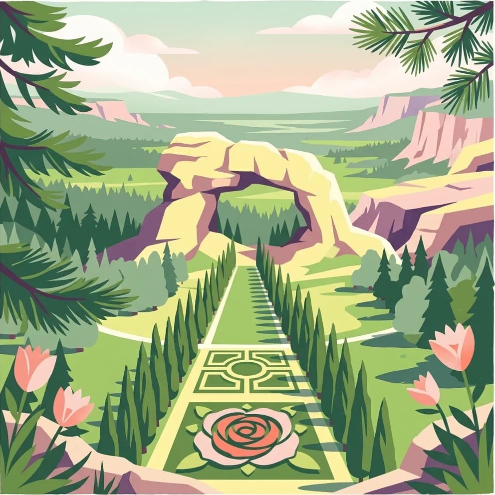 Stylized illustration of a garden pathway with a rose design leading to a natural rock arch, surrounded by pine trees and mountains