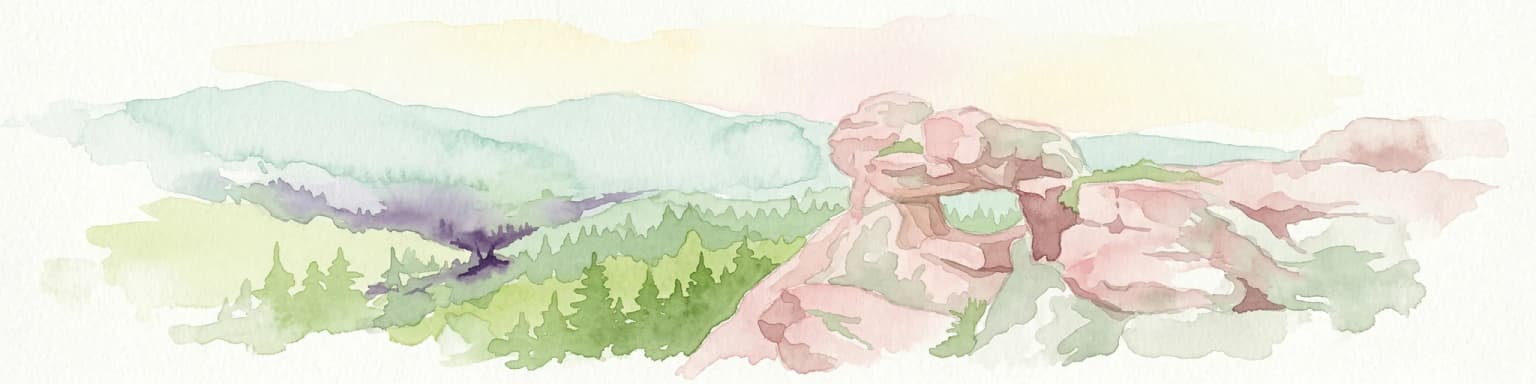Watercolor painting of a mountainous landscape with rocky outcrops, forests, and distant hills
