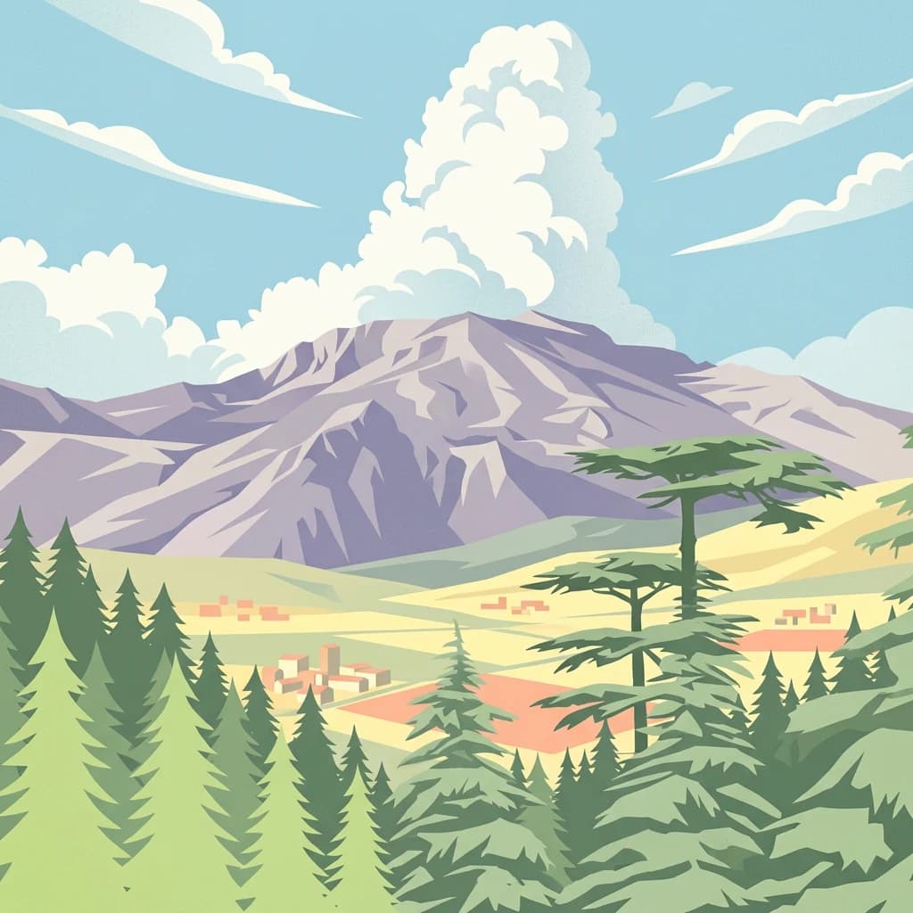 Illustration of mountain range, pine forests, and village under blue sky with clouds