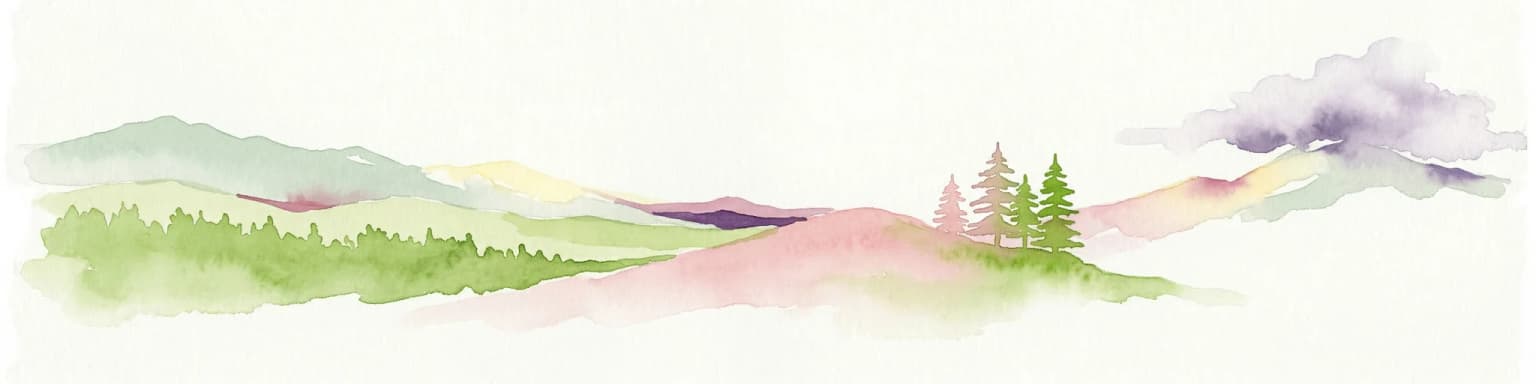 Watercolor illustration of green hills, pine trees, and distant mountains under a light sky
