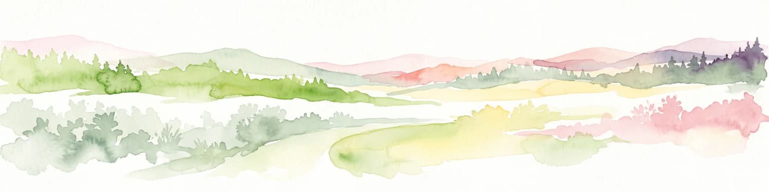 A watercolor painting of soft, layered mountain ridges and forests in muted green, yellow, and red tones, presented in a wide, horizontal format against a white background.