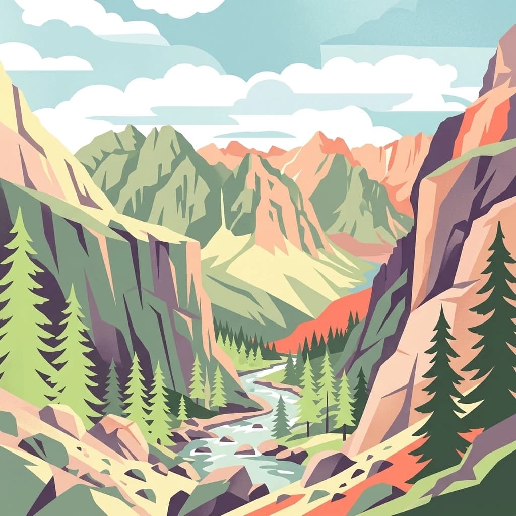 Illustration of a mountain valley with a river, pine trees, rocky cliffs, and layered mountains under a partly cloudy sky