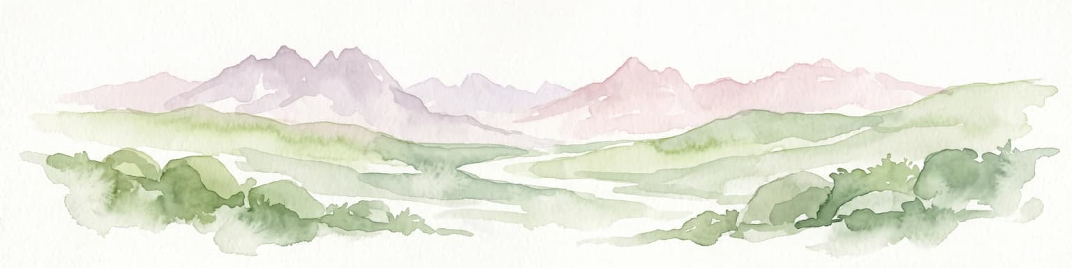 Watercolor painting of a mountain range with green foothills and a central valley, set against a plain white background.