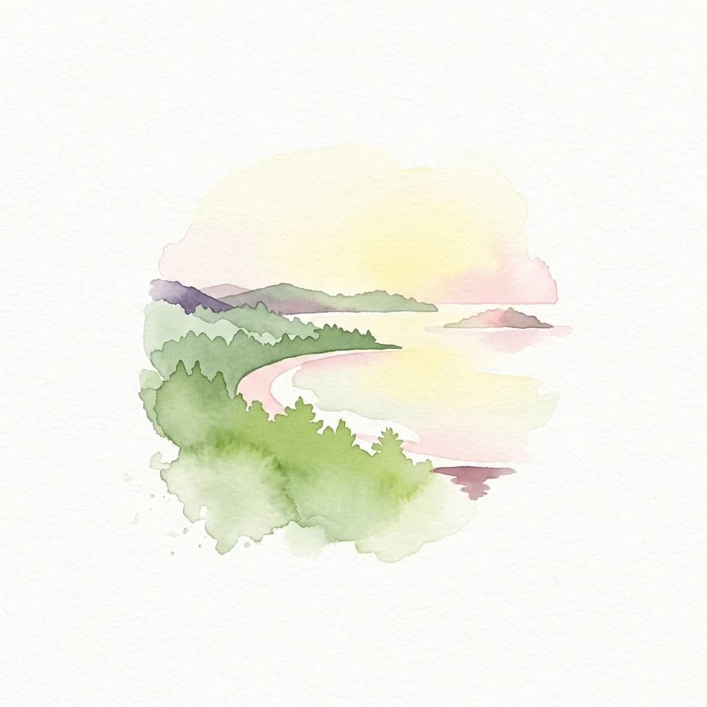 Representación en acuarela de una escena costera con árboles verdes, orilla arenosa y agua tranquila bajo un cielo suave