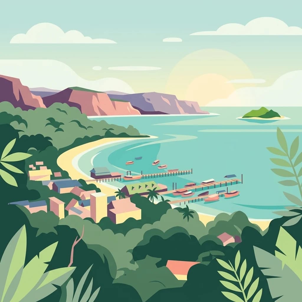 Illustration of tropical coastal scene with beach settlement, pier with boats, cliffs, and island in the distance