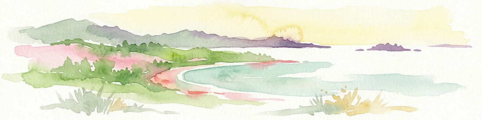 Ilustración acuarela de un paisaje costero con colinas, playa y océano