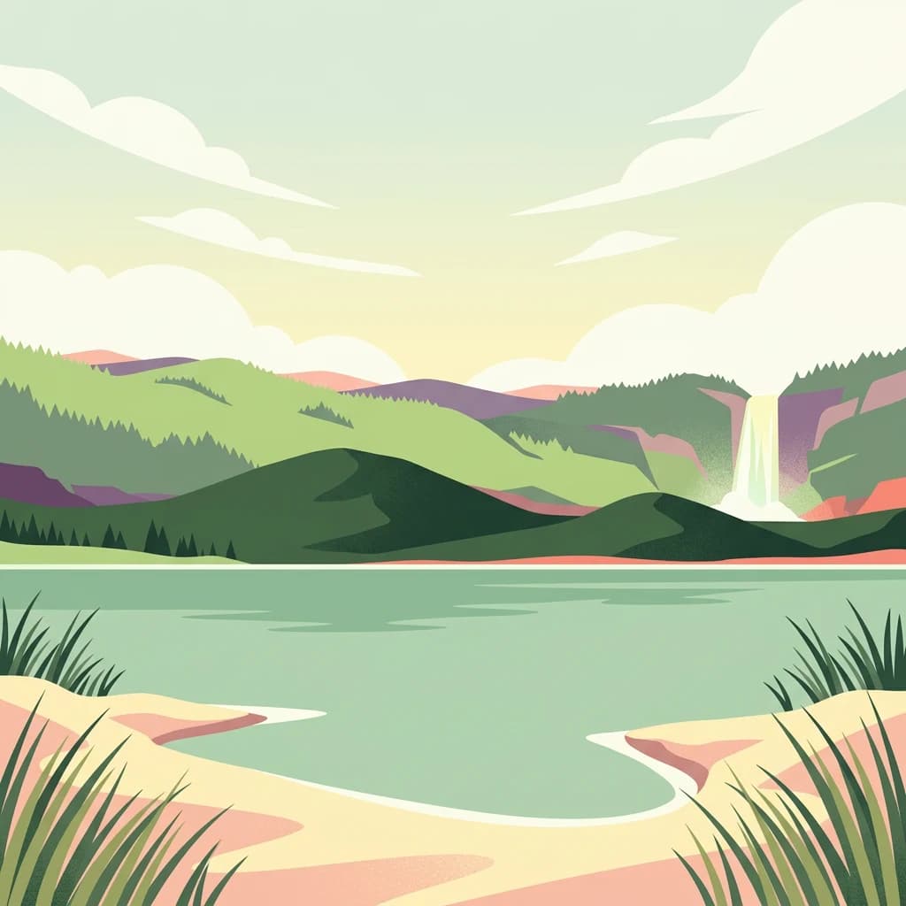 Stylized illustration of a lake surrounded by hills with a waterfall in the background, green vegetation, and a partly cloudy sky
