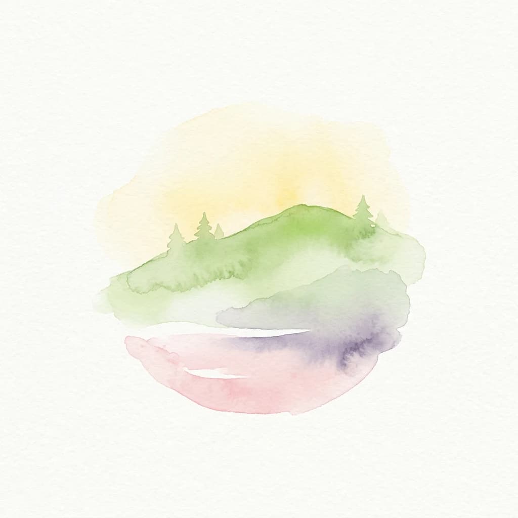 Watercolor painting showing a green hill with trees, a pinkish lake, and yellow sky