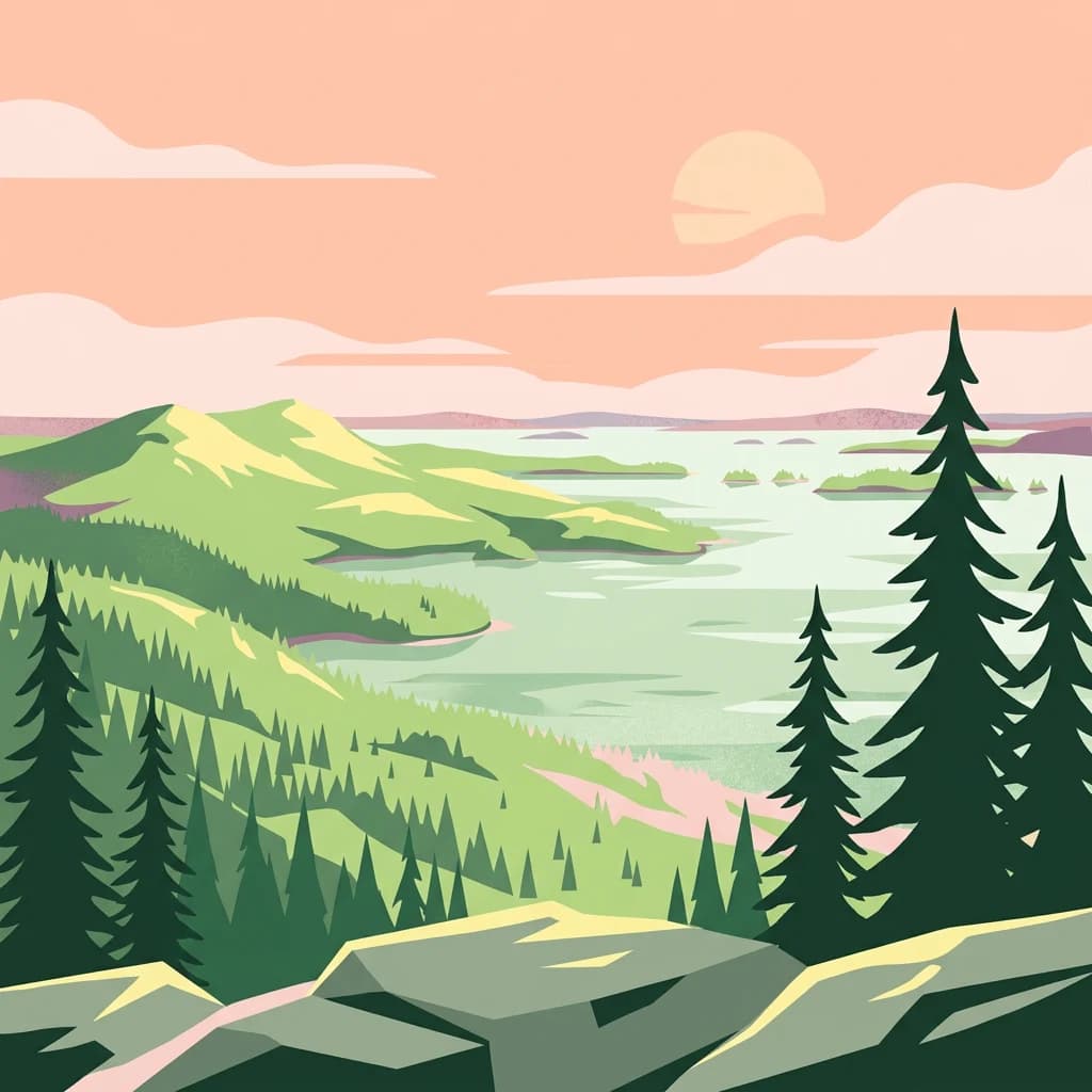 Illustration of green hills, forest, and lake with pink sky at sunset