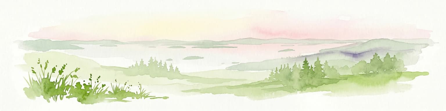 Watercolor illustration of a landscape featuring green vegetation, rolling hills, and a body of water under a pastel sky
