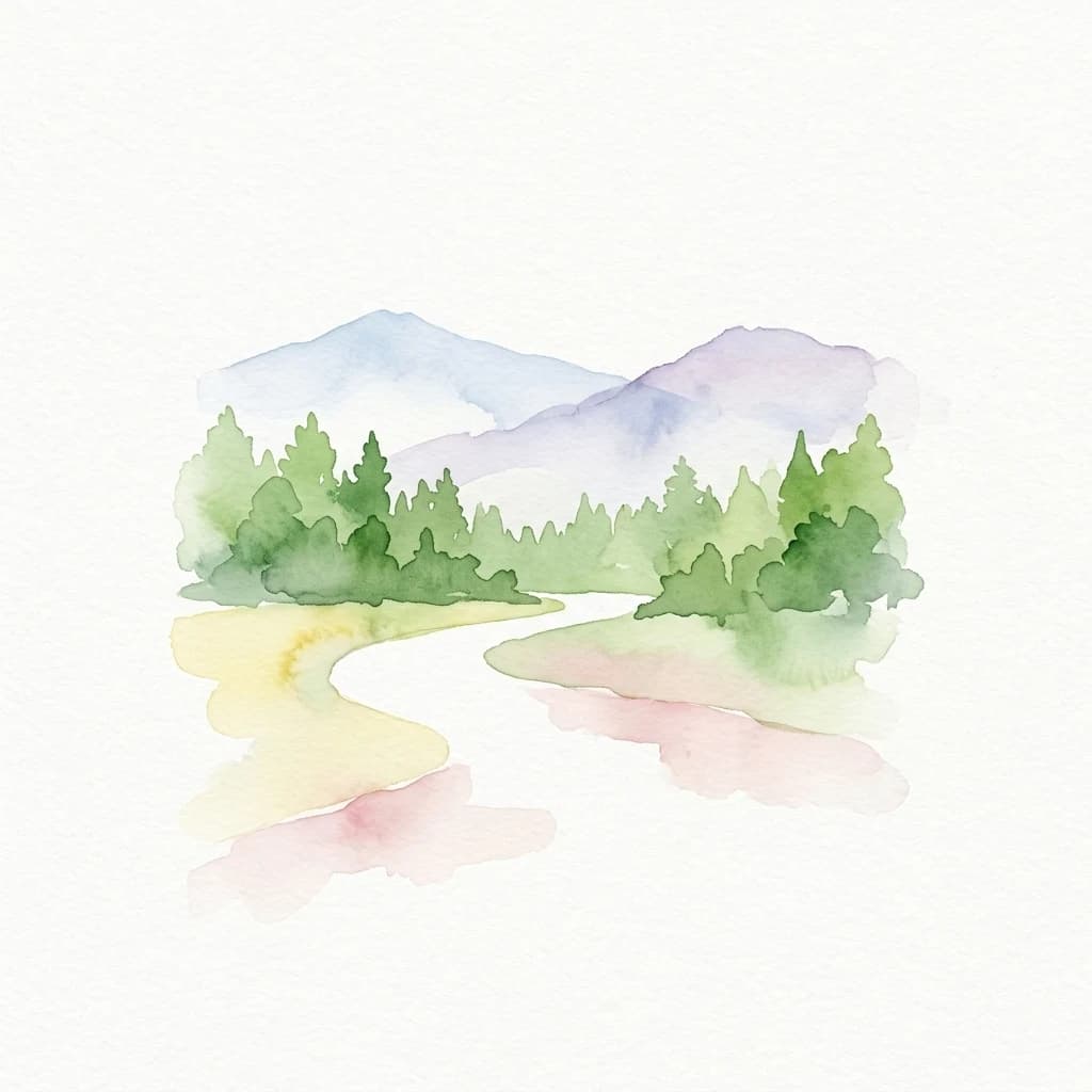 Watercolor illustration of a river flowing through forested landscape with mountains in background