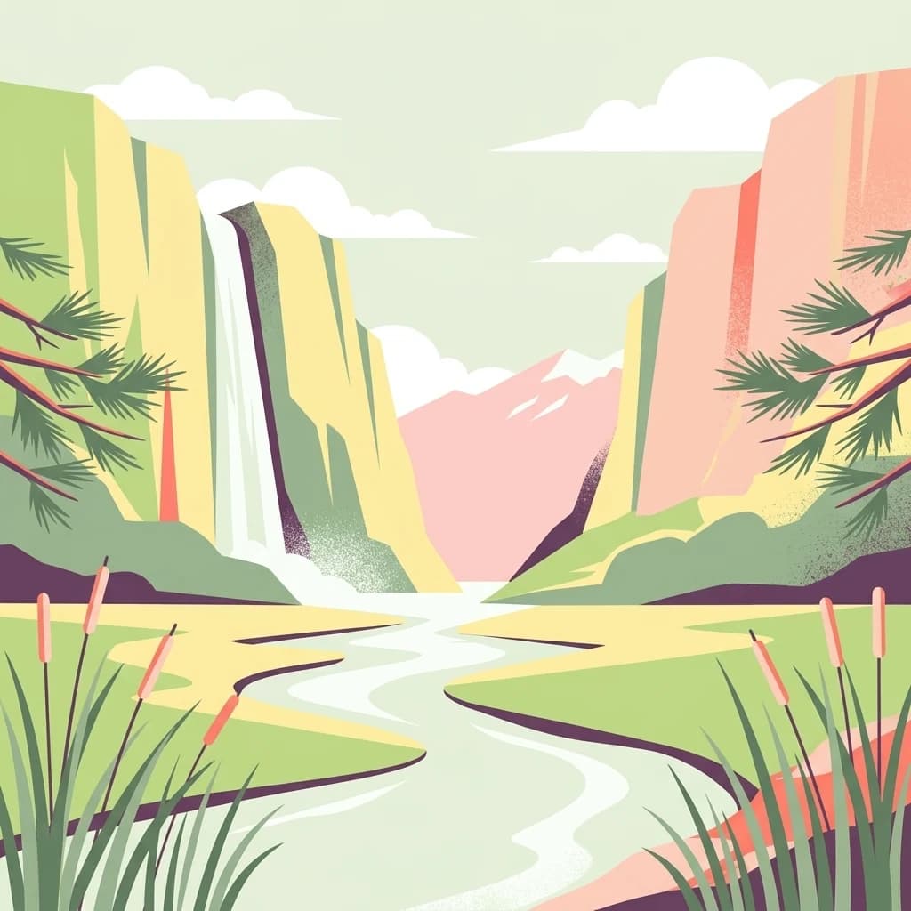 Stylized illustration of a waterfall between colorful cliffs with a winding river and reeds
