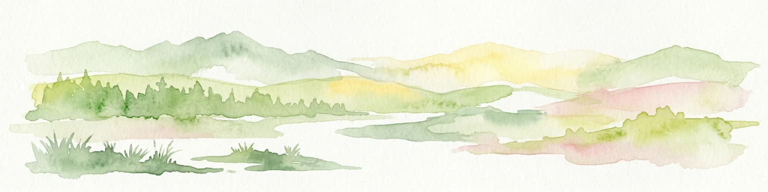 Watercolor landscape with mountains, river, forests, and wetlands