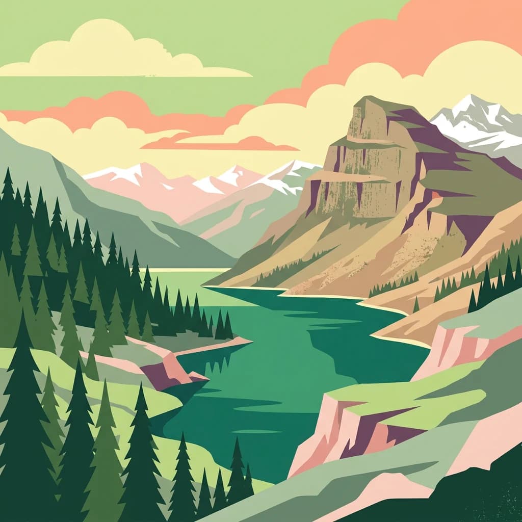 Stylized illustration of a mountain lake with pine forests, rocky cliffs, and snow-capped peaks under a colorful sky