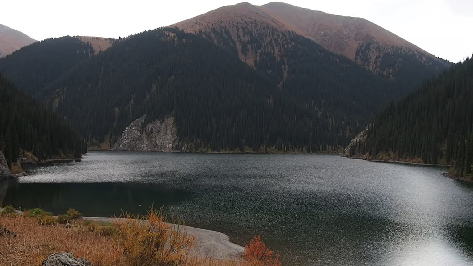 A large mountain lake surrounded by forested slopes and mountains with autumn vegetation in the foreground